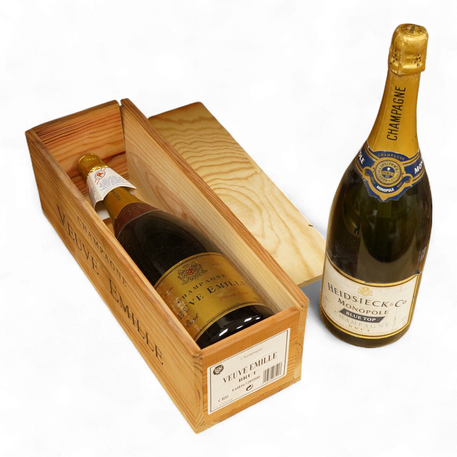 Two magnum bottles of Champagne; Heidsieck & Co blue top and Veuve Emille